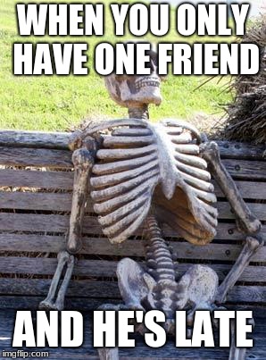 Waiting Skeleton | WHEN YOU ONLY HAVE ONE FRIEND; AND HE'S LATE | image tagged in memes,waiting skeleton | made w/ Imgflip meme maker