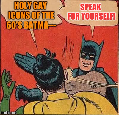 Batman Slapping Robin | SPEAK FOR YOURSELF! HOLY GAY ICONS OF THE 60'S BATMA--- | image tagged in memes,batman slapping robin | made w/ Imgflip meme maker