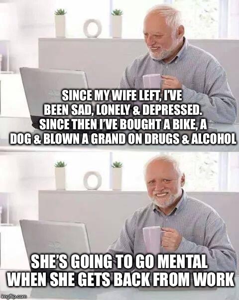 Hide the Pain Harold Meme |  SINCE MY WIFE LEFT, I’VE BEEN SAD, LONELY & DEPRESSED. SINCE THEN I’VE BOUGHT A BIKE, A DOG & BLOWN A GRAND ON DRUGS & ALCOHOL; SHE’S GOING TO GO MENTAL WHEN SHE GETS BACK FROM WORK | image tagged in memes,hide the pain harold | made w/ Imgflip meme maker