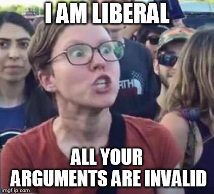 Angry Liberal | I AM LIBERAL; ALL YOUR ARGUMENTS ARE INVALID | image tagged in angry liberal | made w/ Imgflip meme maker