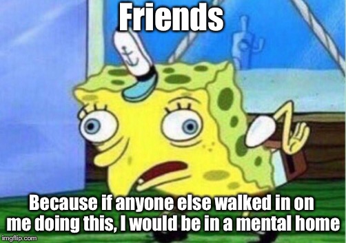 Mocking Spongebob | Friends; Because if anyone else walked in on me doing this, I would be in a mental home | image tagged in memes,mocking spongebob | made w/ Imgflip meme maker