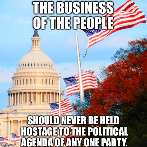 Business of the people  | THE BUSINESS OF THE PEOPLE; SHOULD NEVER BE HELD HOSTAGE TO THE POLITICAL AGENDA OF ANY ONE PARTY. | image tagged in government shutdown | made w/ Imgflip meme maker