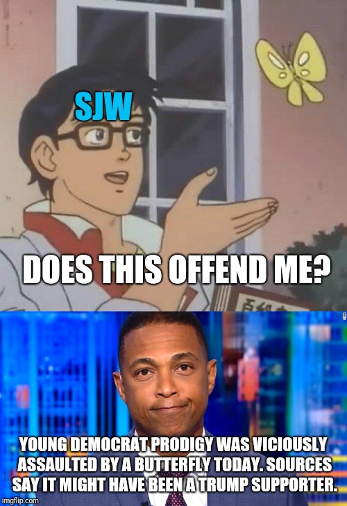 SJW; DOES THIS OFFEND ME? YOUNG DEMOCRAT PRODIGY WAS VICIOUSLY ASSAULTED BY A BUTTERFLY TODAY. SOURCES SAY IT MIGHT HAVE BEEN A TRUMP SUPPORTER. | image tagged in memes,is this a pigeon,don lemon | made w/ Imgflip meme maker