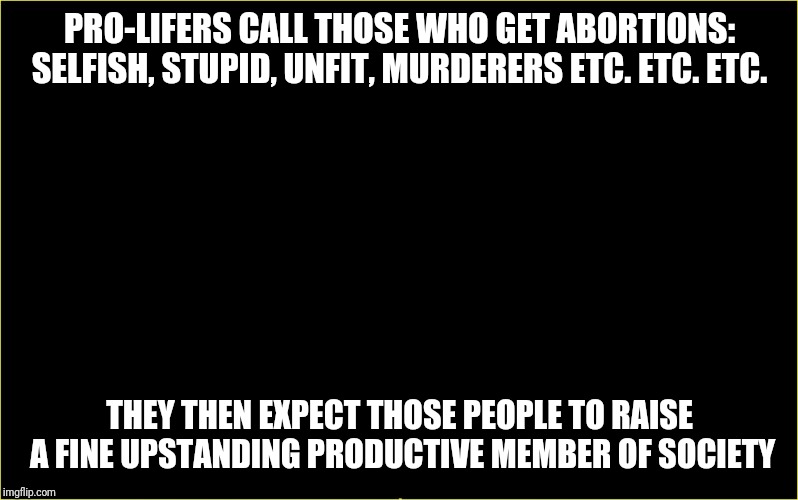 Pro-lifer logic | PRO-LIFERS CALL THOSE WHO GET ABORTIONS: SELFISH, STUPID, UNFIT, MURDERERS ETC. ETC. ETC. THEY THEN EXPECT THOSE PEOPLE TO RAISE A FINE UPSTANDING PRODUCTIVE MEMBER OF SOCIETY | image tagged in abortion,prolife,logic | made w/ Imgflip meme maker