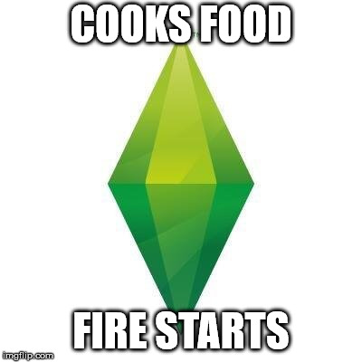 Sims logic | COOKS FOOD; FIRE STARTS | image tagged in sims logic | made w/ Imgflip meme maker
