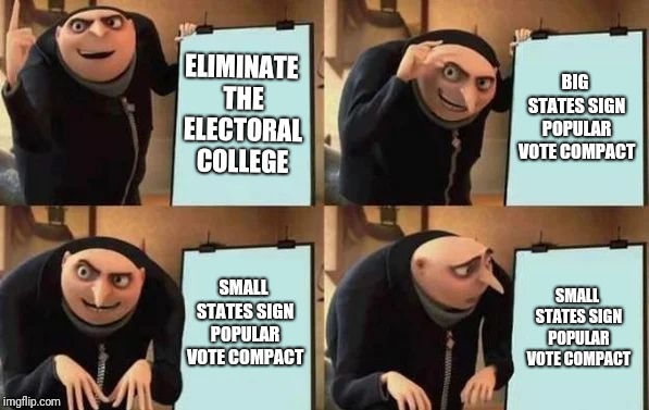 Gru's Plan | ELIMINATE THE ELECTORAL COLLEGE; BIG STATES SIGN POPULAR VOTE COMPACT; SMALL STATES SIGN POPULAR VOTE COMPACT; SMALL STATES SIGN POPULAR VOTE COMPACT | image tagged in gru's plan | made w/ Imgflip meme maker