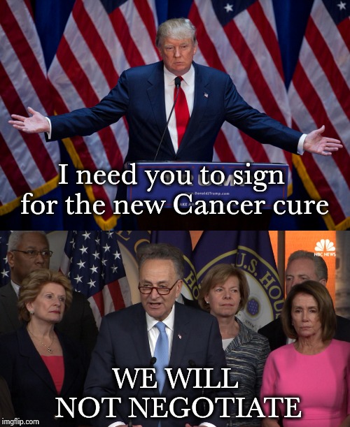 I wish we could fire them | I need you to sign for the new Cancer cure; WE WILL NOT NEGOTIATE | image tagged in donald trump,democrat congressmen,13 reasons why,nevertrump,we don't care | made w/ Imgflip meme maker