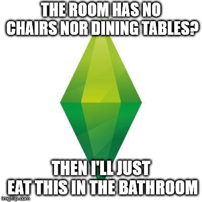 Sims logic | THE ROOM HAS NO CHAIRS NOR DINING TABLES? THEN I'LL JUST EAT THIS IN THE BATHROOM | image tagged in sims logic | made w/ Imgflip meme maker