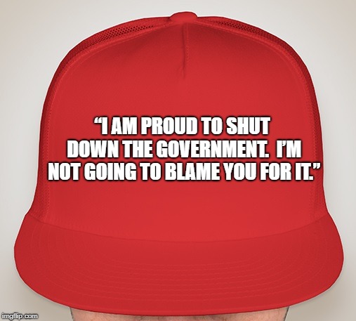 Trump Hat | “I AM PROUD TO SHUT DOWN THE GOVERNMENT.  I’M NOT GOING TO BLAME YOU FOR IT.” | image tagged in trump hat | made w/ Imgflip meme maker