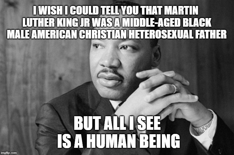 Meme for Martin Luther King Day | I WISH I COULD TELL YOU THAT MARTIN LUTHER KING JR WAS A MIDDLE-AGED BLACK MALE AMERICAN CHRISTIAN HETEROSEXUAL FATHER; BUT ALL I SEE IS A HUMAN BEING | image tagged in memes,mlk jr,martin luther king jr,celebration,honor,humanity | made w/ Imgflip meme maker