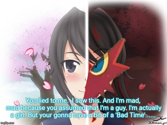 Yandere Blaziken | You lied to me.  I saw this. And I'm mad, mad because you assumed that I'm a guy. I'm actually a girl. But your gonna have a bit of a 'Bad T | image tagged in yandere blaziken | made w/ Imgflip meme maker