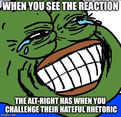 Laughing PEPE | WHEN YOU SEE THE REACTION; THE ALT-RIGHT HAS WHEN YOU CHALLENGE THEIR HATEFUL RHETORIC | image tagged in laughing pepe | made w/ Imgflip meme maker