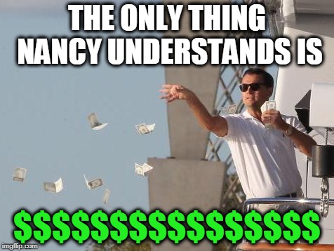 Leonardo DiCaprio throwing Money  | THE ONLY THING NANCY UNDERSTANDS IS $$$$$$$$$$$$$$$$ | image tagged in leonardo dicaprio throwing money | made w/ Imgflip meme maker