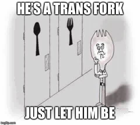 Transgender Spork | HE’S A TRANS FORK; JUST LET HIM BE | image tagged in transgender spork | made w/ Imgflip meme maker