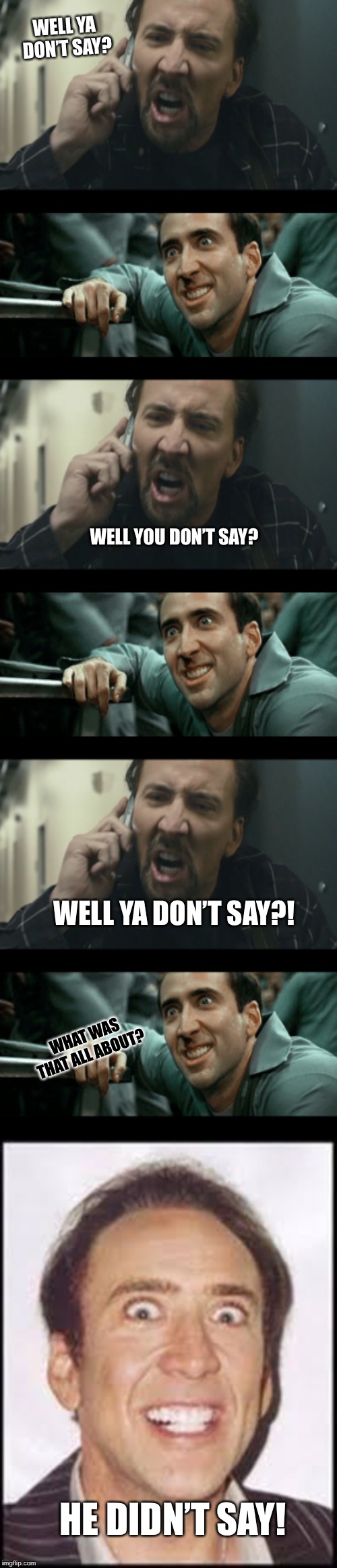 A joke the Cage way | WELL YA DON’T SAY? WELL YOU DON’T SAY? WELL YA DON’T SAY?! WHAT WAS THAT ALL ABOUT? HE DIDN’T SAY! | image tagged in nick cage,crazy nick cage | made w/ Imgflip meme maker