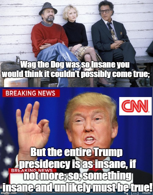 Official Truth Is As Insane As Conspiracy Theories |  Wag the Dog was so Insane you would think it couldn't possibly come true;; But the entire Trump presidency is as insane, if not more; so, something insane and unlikely must be true! | image tagged in cnn phony trump news,conspiracy theories,wag the dog,donald trump,biased media,antiwar | made w/ Imgflip meme maker