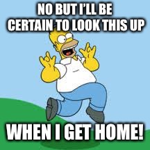 Hooray Homer | NO BUT I’LL BE CERTAIN TO LOOK THIS UP WHEN I GET HOME! | image tagged in hooray homer | made w/ Imgflip meme maker
