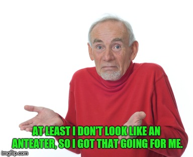 Old Man Shrugging | AT LEAST I DON'T LOOK LIKE AN ANTEATER, SO I GOT THAT GOING FOR ME. | image tagged in old man shrugging | made w/ Imgflip meme maker
