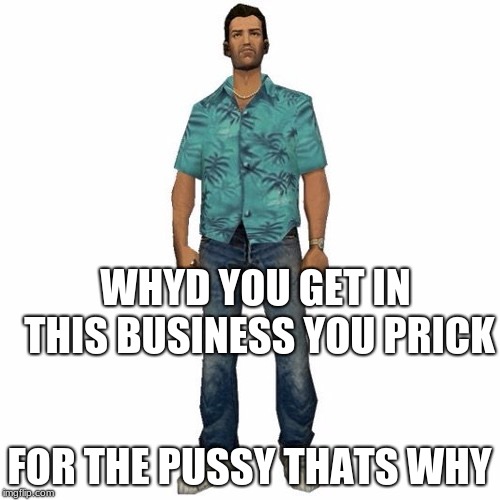 tommy vercetti | WHYD YOU GET IN THIS BUSINESS YOU PRICK FOR THE PUSSY THATS WHY | image tagged in tommy vercetti | made w/ Imgflip meme maker