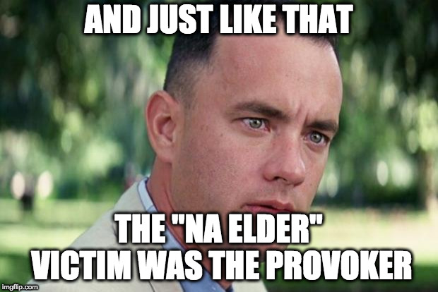 And Just Like That | AND JUST LIKE THAT; THE "NA ELDER" VICTIM WAS THE PROVOKER | image tagged in forrest gump | made w/ Imgflip meme maker