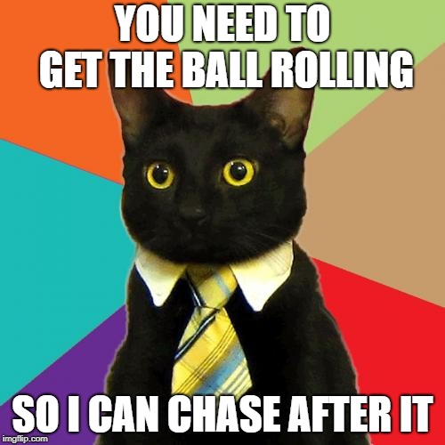 business kitty | YOU NEED TO GET THE BALL ROLLING; SO I CAN CHASE AFTER IT | image tagged in memes,business cat,cats | made w/ Imgflip meme maker