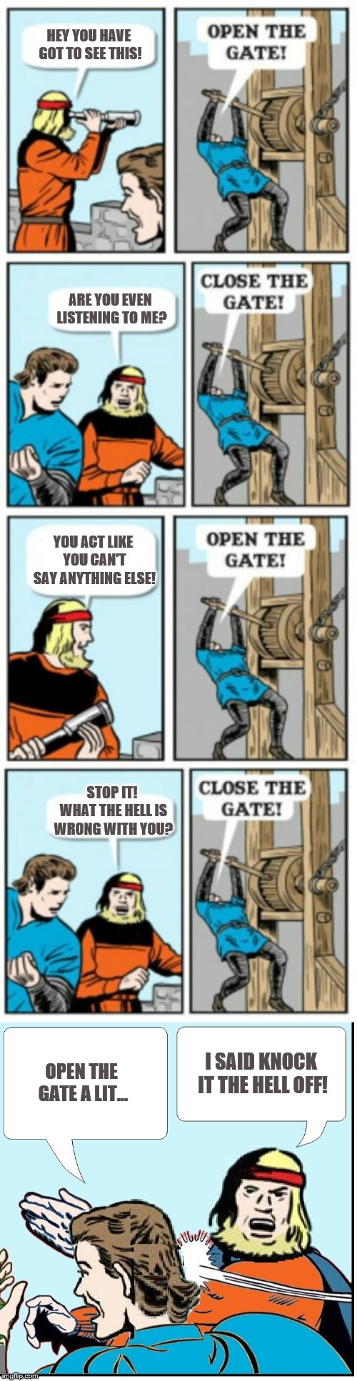 Open the gate one more time... | HEY YOU HAVE GOT TO SEE THIS! ARE YOU EVEN LISTENING TO ME? YOU ACT LIKE YOU CAN'T SAY ANYTHING ELSE! STOP IT! WHAT THE HELL IS WRONG WITH YOU? I SAID KNOCK IT THE HELL OFF! OPEN THE GATE A LIT... | image tagged in open the gate,memes | made w/ Imgflip meme maker