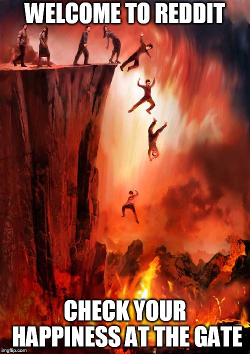 jumping into hell | WELCOME TO REDDIT; CHECK YOUR HAPPINESS AT THE GATE | image tagged in jumping into hell | made w/ Imgflip meme maker