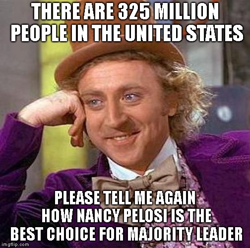 The Voters Must Be A LIttle "WONKY" | THERE ARE 325 MILLION PEOPLE IN THE UNITED STATES; PLEASE TELL ME AGAIN HOW NANCY PELOSI IS THE BEST CHOICE FOR MAJORITY LEADER | image tagged in memes,creepy condescending wonka,nancy pelosi majority leader,democrats,congress | made w/ Imgflip meme maker