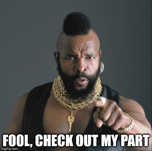 Mr T Pity Party | FOOL, CHECK OUT MY PART | image tagged in mr t pity party | made w/ Imgflip meme maker