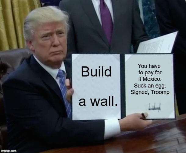 Trump Bill Signing | Build a wall. You have to pay for it Mexico. Suck an egg. Signed, Troomp | image tagged in memes,trump bill signing | made w/ Imgflip meme maker