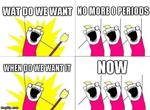 What Do We Want Meme | WAT DO WE WANT; NO MORE 0 PERIODS; NOW; WHEN DO WE WANT IT | image tagged in memes,what do we want | made w/ Imgflip meme maker