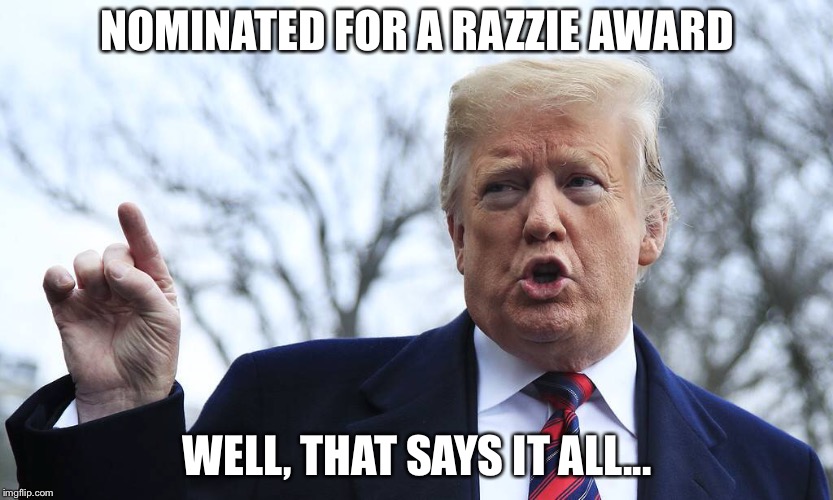 Razzie POTUS | NOMINATED FOR A RAZZIE AWARD; WELL, THAT SAYS IT ALL... | image tagged in trump | made w/ Imgflip meme maker