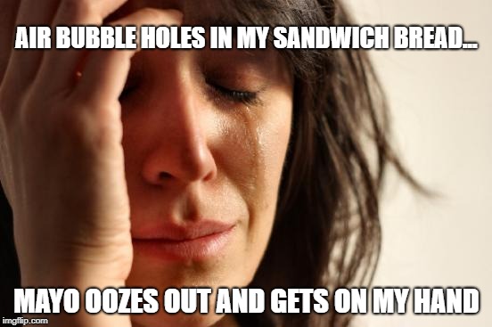 First World Problems | AIR BUBBLE HOLES IN MY SANDWICH BREAD... MAYO OOZES OUT AND GETS ON MY HAND | image tagged in memes,first world problems | made w/ Imgflip meme maker