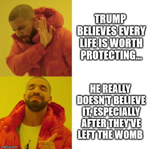 Before or After | TRUMP BELIEVES EVERY LIFE IS WORTH PROTECTING... HE REALLY DOESN'T BELIEVE IT, ESPECIALLY AFTER THEY'VE LEFT THE WOMB | image tagged in drake,trump,prolife,believe,after,womb | made w/ Imgflip meme maker