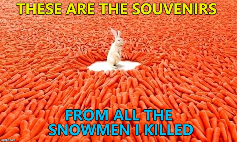 Those rabbits are deadly... :) | THESE ARE THE SOUVENIRS; FROM ALL THE SNOWMEN I KILLED | image tagged in rabbit,memes,murder,snowmen | made w/ Imgflip meme maker