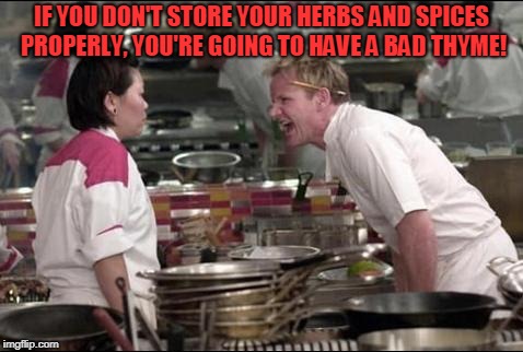 I can't bay leaf he is yelling in her face like that!  |  IF YOU DON'T STORE YOUR HERBS AND SPICES PROPERLY, YOU'RE GOING TO HAVE A BAD THYME! | image tagged in memes,angry chef gordon ramsay,nixieknox | made w/ Imgflip meme maker