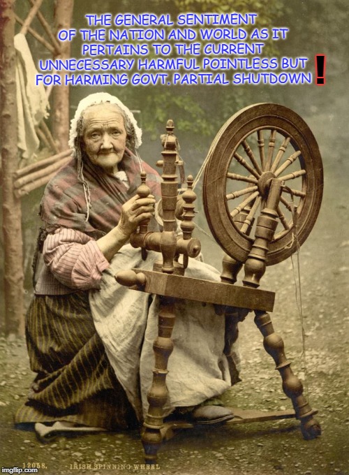Old Woman at Spinning Wheel | ! THE GENERAL SENTIMENT OF THE NATION AND WORLD AS IT PERTAINS TO THE CURRENT UNNECESSARY HARMFUL POINTLESS BUT FOR HARMING GOVT. PARTIAL SHUTDOWN | image tagged in old woman at spinning wheel | made w/ Imgflip meme maker
