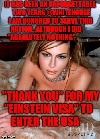 Melania Trump | IT HAS BEEN AN UNFORGETTABLE  TWO YEARS @WHITEHOUSE I AM HONORED TO SERVE THIS NATION...ALTHOUGH I DID        "ABSOLUTELY NOTHING"; "THANK YOU" FOR MY "EINSTEIN VISA" TO     ENTER THE USA | image tagged in melania trump | made w/ Imgflip meme maker