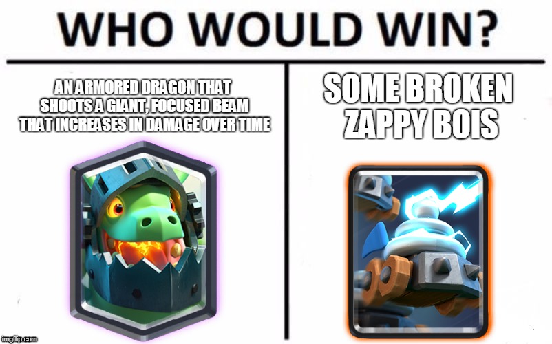 Who Would Win? Meme | AN ARMORED DRAGON THAT SHOOTS A GIANT, FOCUSED BEAM THAT INCREASES IN DAMAGE OVER TIME; SOME BROKEN ZAPPY BOIS | image tagged in memes,who would win | made w/ Imgflip meme maker