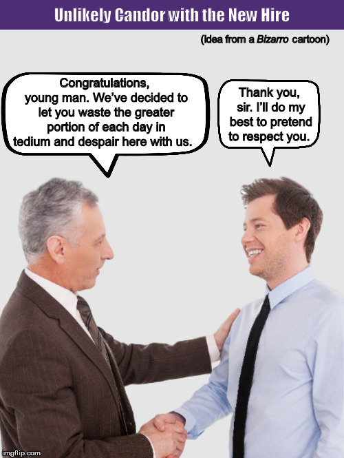 Unlikely Candor with the New Hire | image tagged in new hire,job,congratulations,funny,memes,waste of time | made w/ Imgflip meme maker