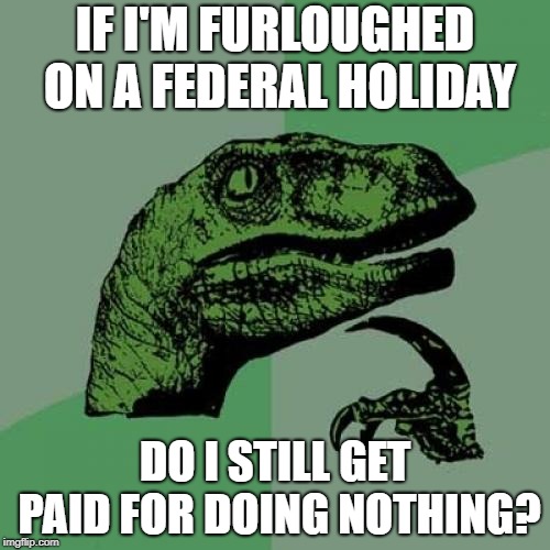 Philosoraptor | IF I'M FURLOUGHED ON A FEDERAL HOLIDAY; DO I STILL GET PAID FOR DOING NOTHING? | image tagged in memes,philosoraptor | made w/ Imgflip meme maker