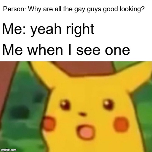 Surprised Pikachu Meme | Person: Why are all the gay guys good looking? Me: yeah right; Me when I see one | image tagged in memes,surprised pikachu | made w/ Imgflip meme maker