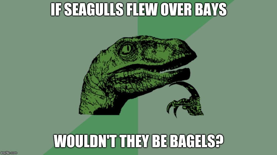 Philosophy Dinosaur | IF SEAGULLS FLEW OVER BAYS; WOULDN'T THEY BE BAGELS? | image tagged in philosophy dinosaur | made w/ Imgflip meme maker