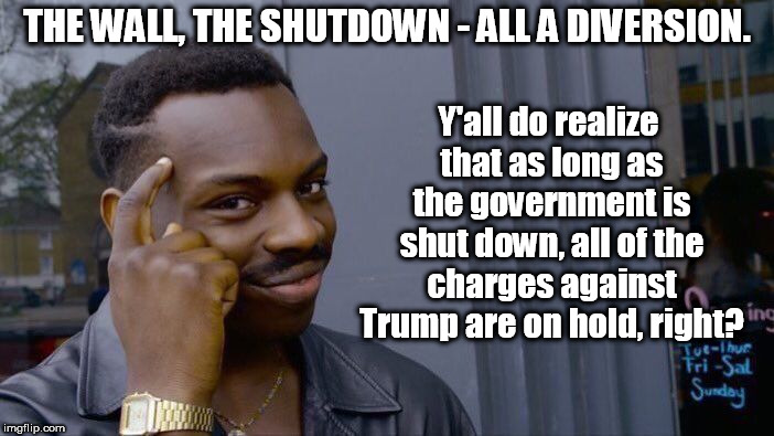 Roll Safe Think About It Meme | THE WALL, THE SHUTDOWN - ALL A DIVERSION. Y'all do realize that as long as the government is shut down, all of the charges against Trump are on hold, right? | image tagged in memes,roll safe think about it | made w/ Imgflip meme maker