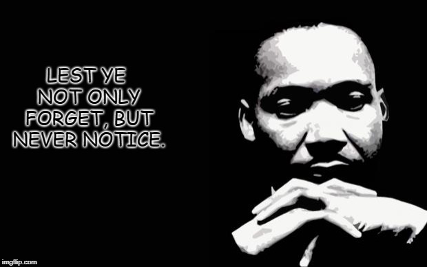 Martin Luther King Jr. | LEST YE NOT ONLY FORGET, BUT NEVER NOTICE. | image tagged in martin luther king jr | made w/ Imgflip meme maker
