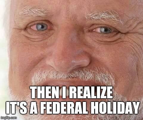 harold smiling | THEN I REALIZE IT'S A FEDERAL HOLIDAY | image tagged in harold smiling | made w/ Imgflip meme maker