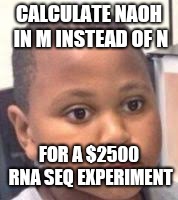 ramen kid | CALCULATE NAOH IN M INSTEAD OF N; FOR A $2500 RNA SEQ EXPERIMENT | image tagged in ramen kid | made w/ Imgflip meme maker