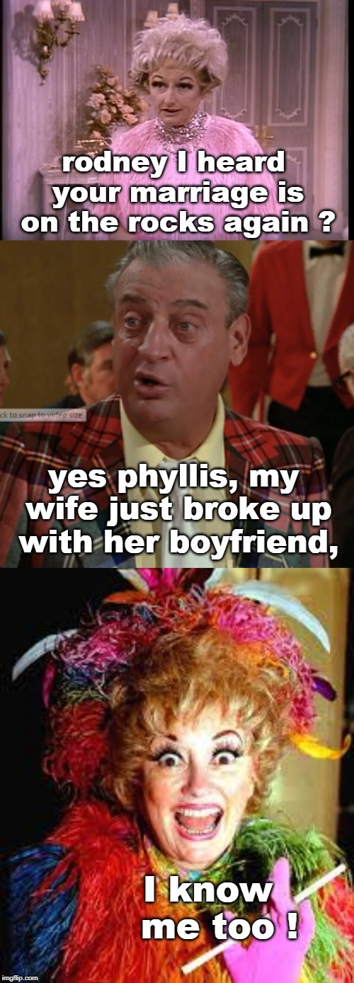 they say that clothes or costume  make the man, or woman.how about a few old groaning puns rod ? | rodney I heard your marriage is on the rocks again ? yes phyllis, my wife just broke up with her boyfriend, I know  me too ! | image tagged in phyllis diller,rodney dangerfield,marriage is rough,memes,ah true love | made w/ Imgflip meme maker