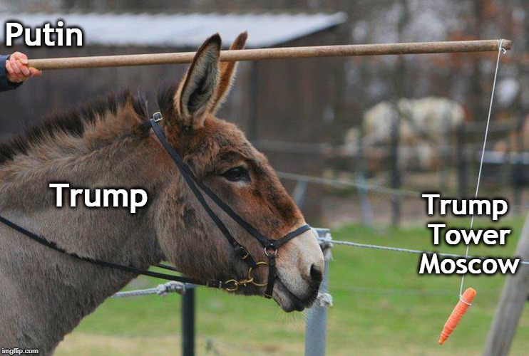 Putin; Trump; Trump Tower Moscow | image tagged in trump,putin,moscow,donkey,jackass | made w/ Imgflip meme maker