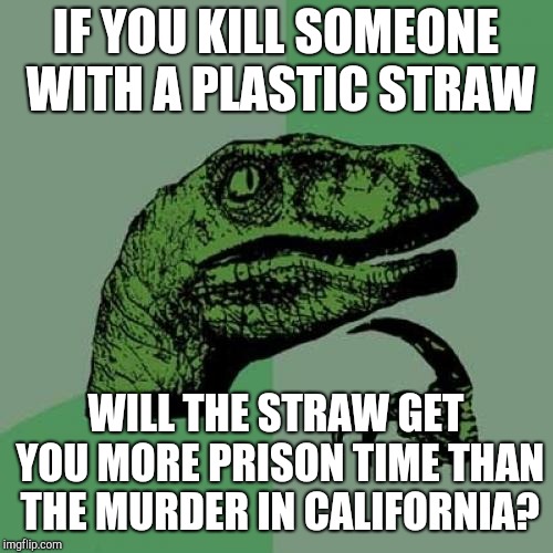 Or littering for leaving the wrapper on the ground. | IF YOU KILL SOMEONE WITH A PLASTIC STRAW; WILL THE STRAW GET YOU MORE PRISON TIME THAN THE MURDER IN CALIFORNIA? | image tagged in memes,philosoraptor,california,plastic straws | made w/ Imgflip meme maker